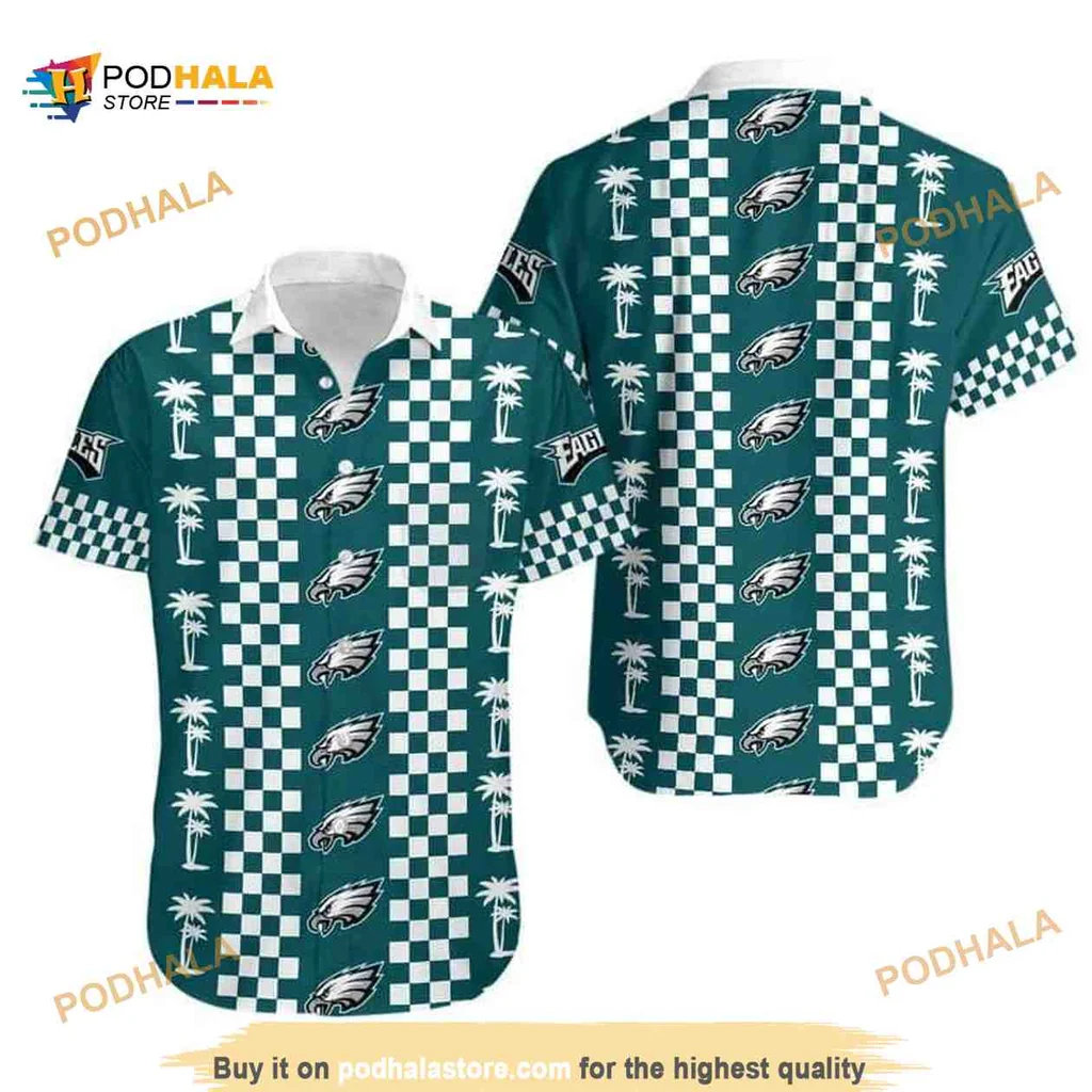 Philadelphia Eagles Hawaiian Shirt With Palm Trees And Checkerboard Design