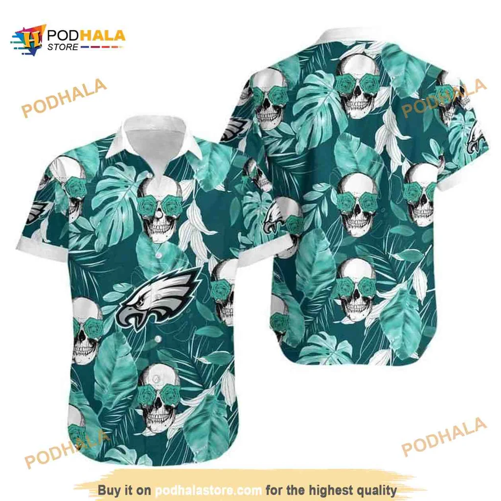 Philadelphia Eagles Palm Leaves Skulls Hawaiian Shirt