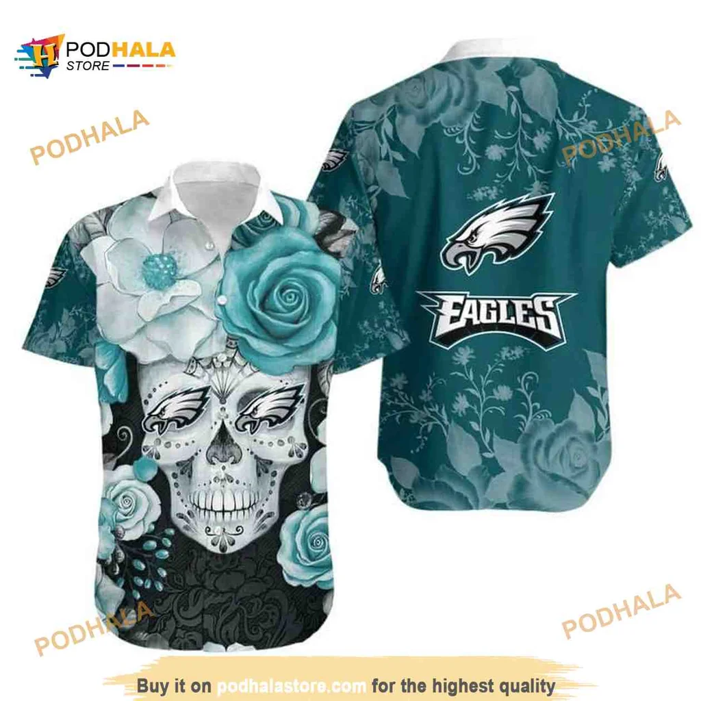 Philadelphia Eagles Rose Skull Hawaiian Shirt For Football Fans