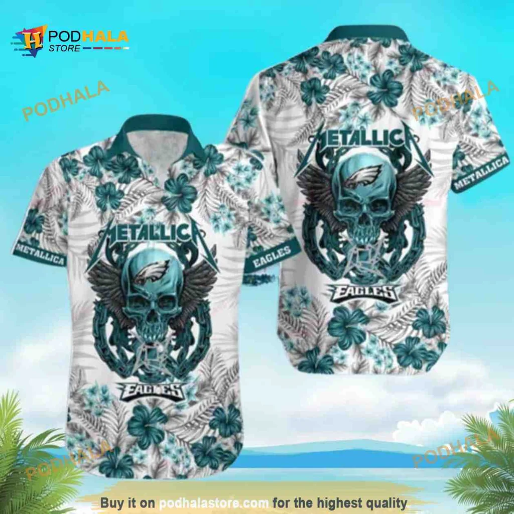 Philadelphia Eagles Skull Flower Hawaiian Shirt With Wings Design