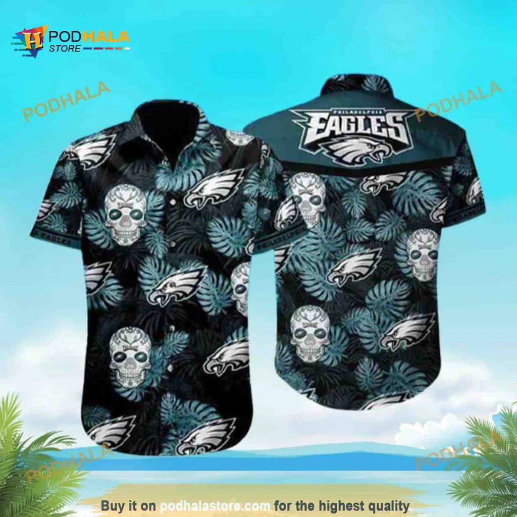 Philadelphia Eagles Skull Hawaiian Shirt With Tropical Palm Leaves