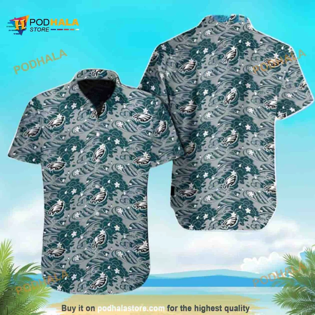 Philadelphia Eagles Tropical Aloha Shirt With Palm Leaves And Waves