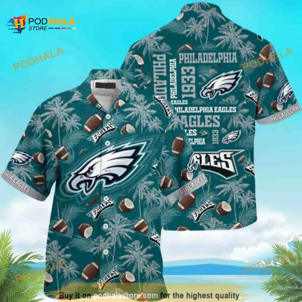 Philadelphia Eagles Tropical Aloha Shirt With Palm Trees And Footballs