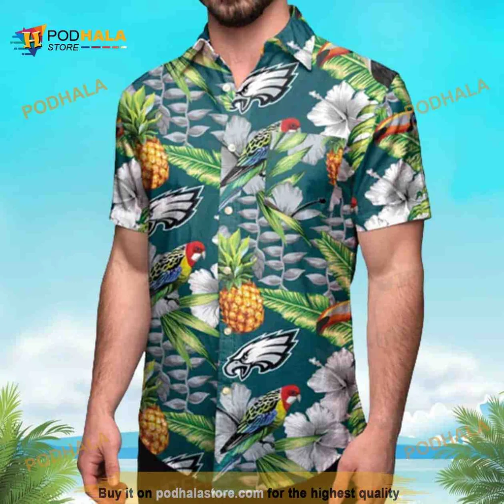 Philadelphia Eagles Tropical Hawaiian Shirt With Colorful Parrots And Pineapples