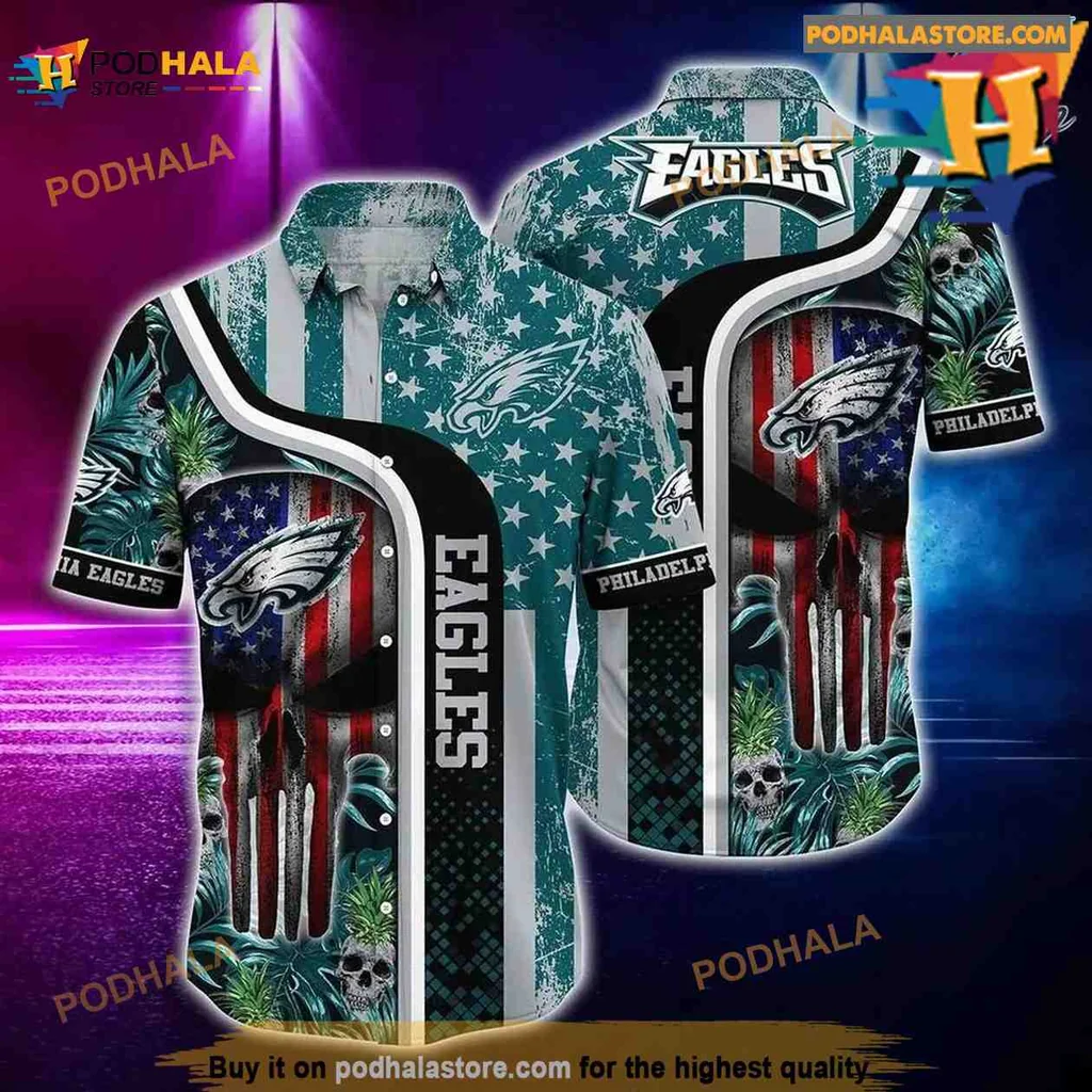 Philadelphia Eagles Tropical Hawaiian Shirt With Skull And Eagle Design