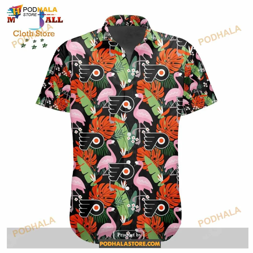 Philadelphia Flyers Flamingo Aloha Shirt With Tropical Leaves Design Philadelphia Flyers Flamingo Aloha Shirt With Tropical Leaves Design