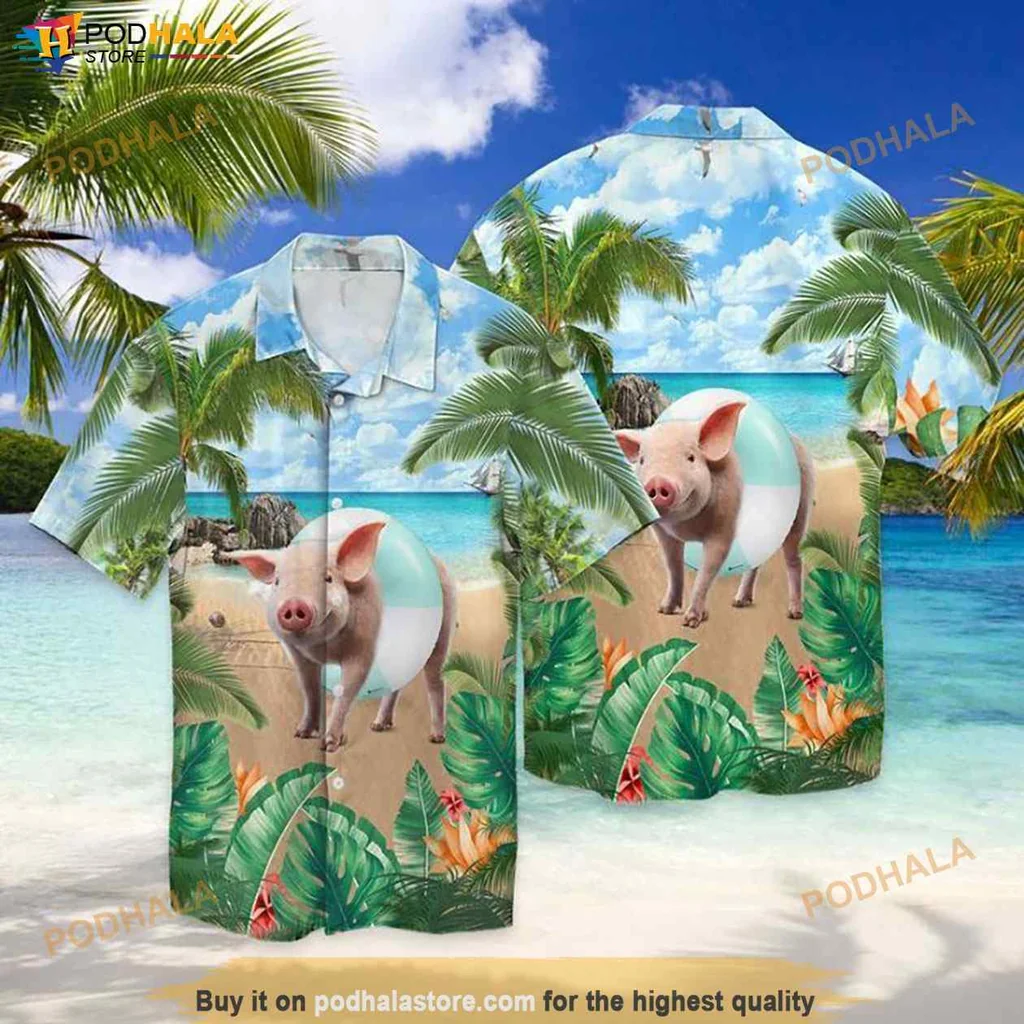 Pig Beach Funny Hawaiian Shirt With Tropical Design And Beach Ball