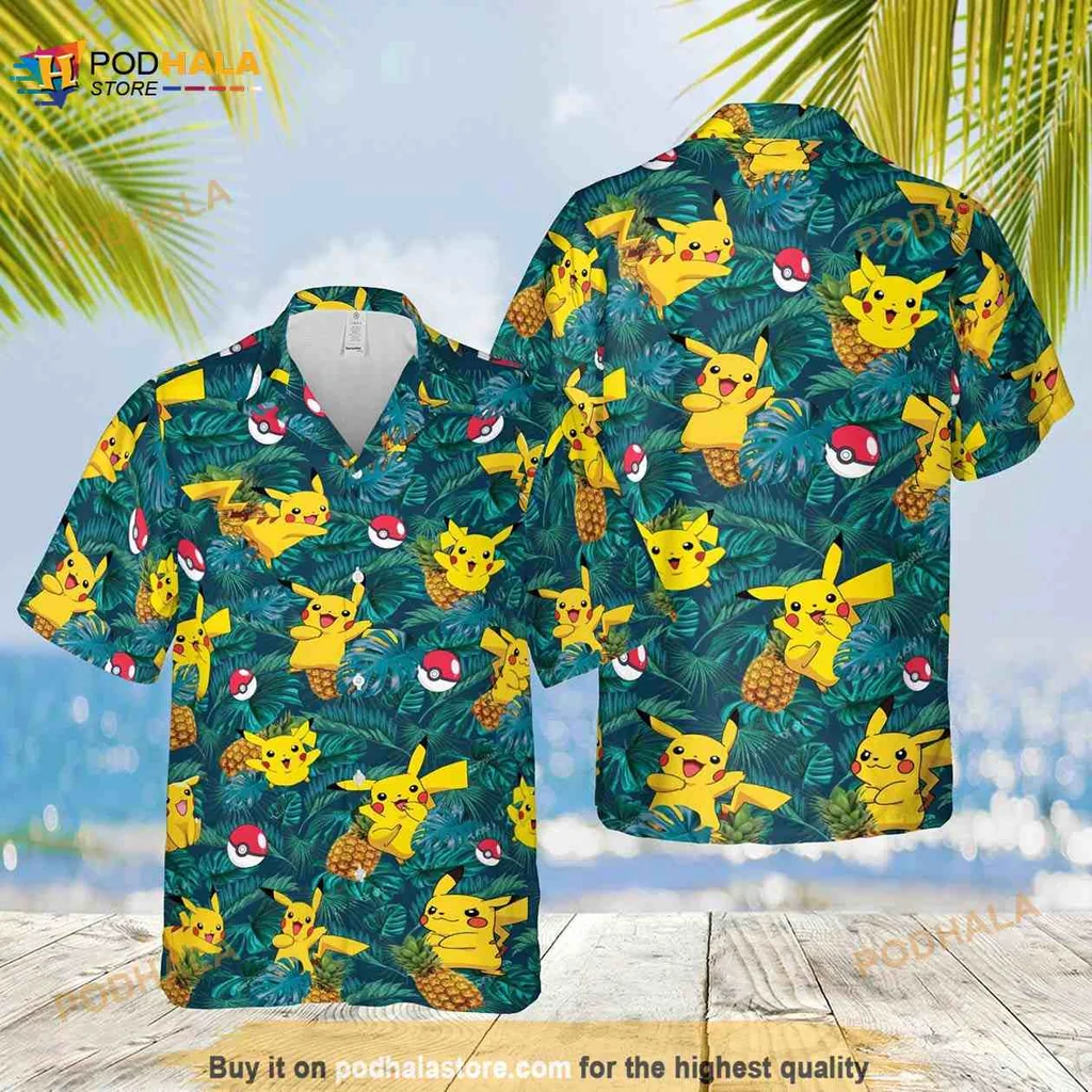 Pikachu Tropical Hawaiian Shirt, Fun Aloha Shirt With Palm Leaves And Pineapples