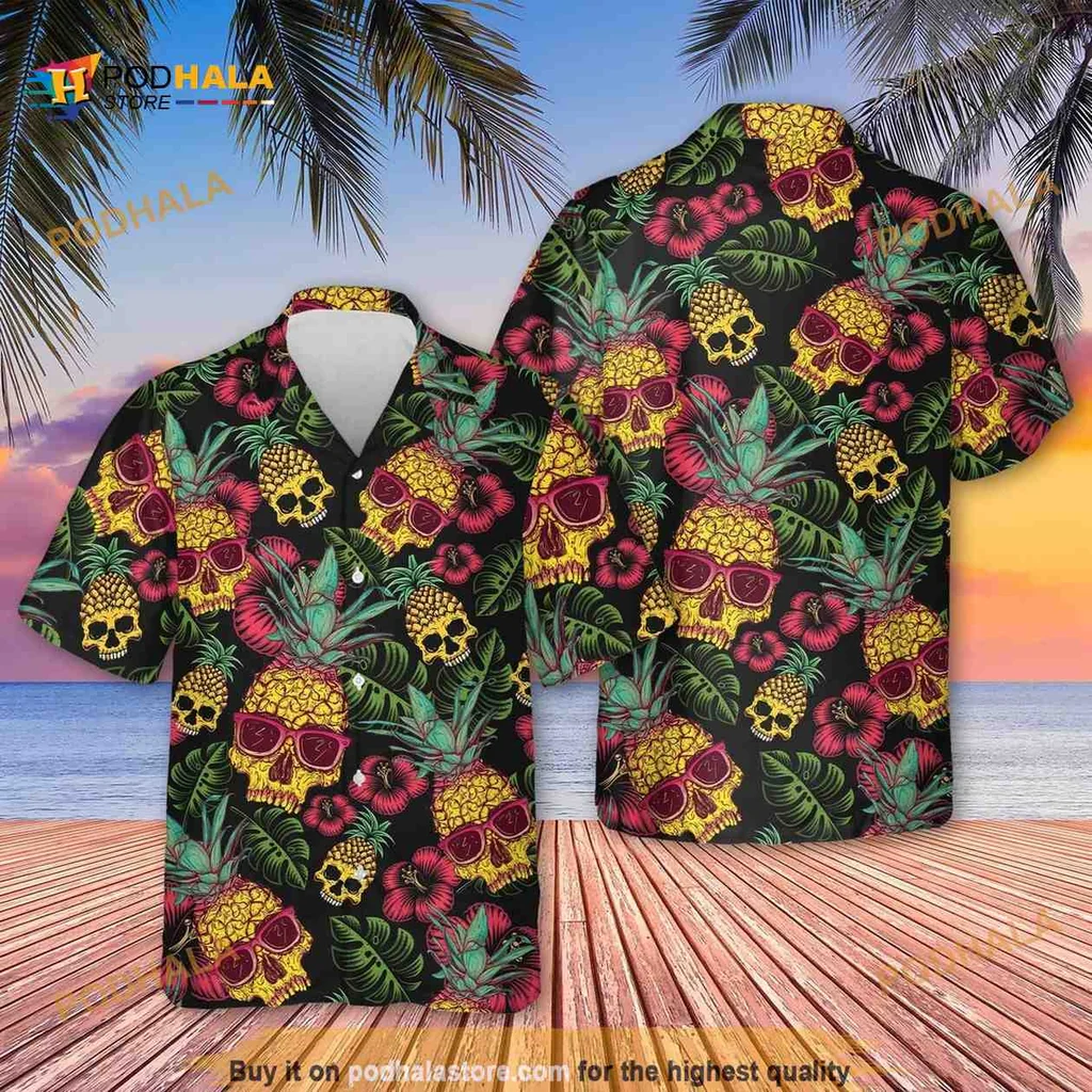 Pineapple Skull Hawaiian Shirt With Red Sunglasses And Tropical Flowers Pineapple Skull Hawaiian Shirt With Red Sunglasses And Tropical Flowers