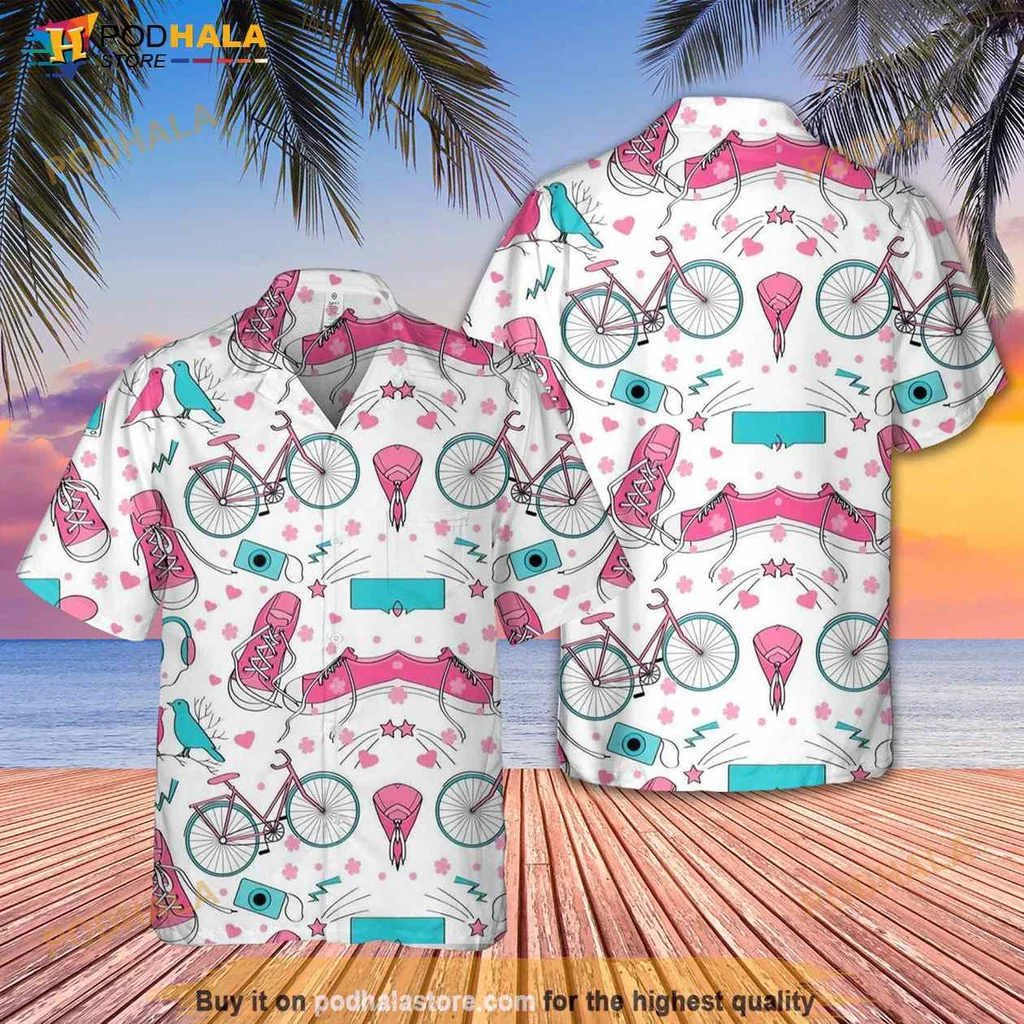Pink Bicycle Tropical Hawaiian Shirt With Whimsical Beach Motifs