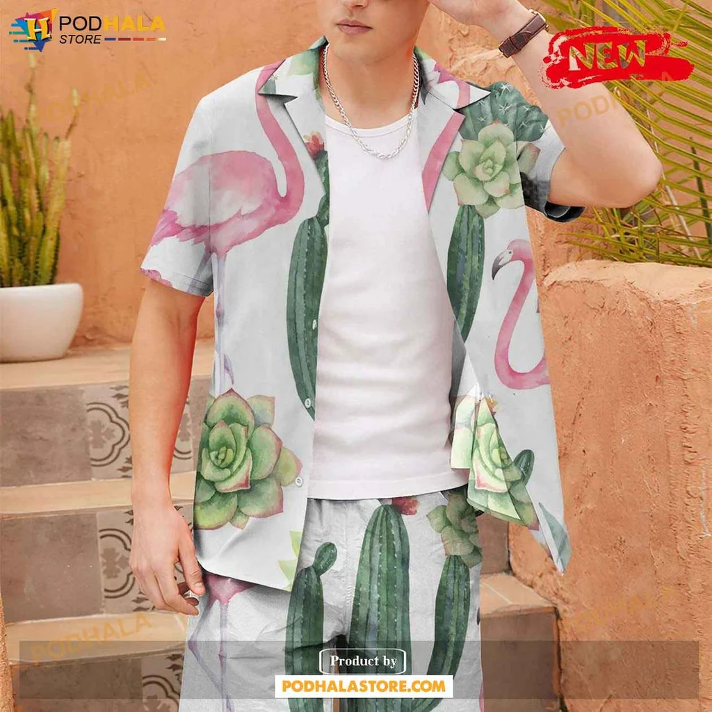 Pink Flamingo Hawaiian Shirt, Watercolor Pattern With Cacti And Succulents