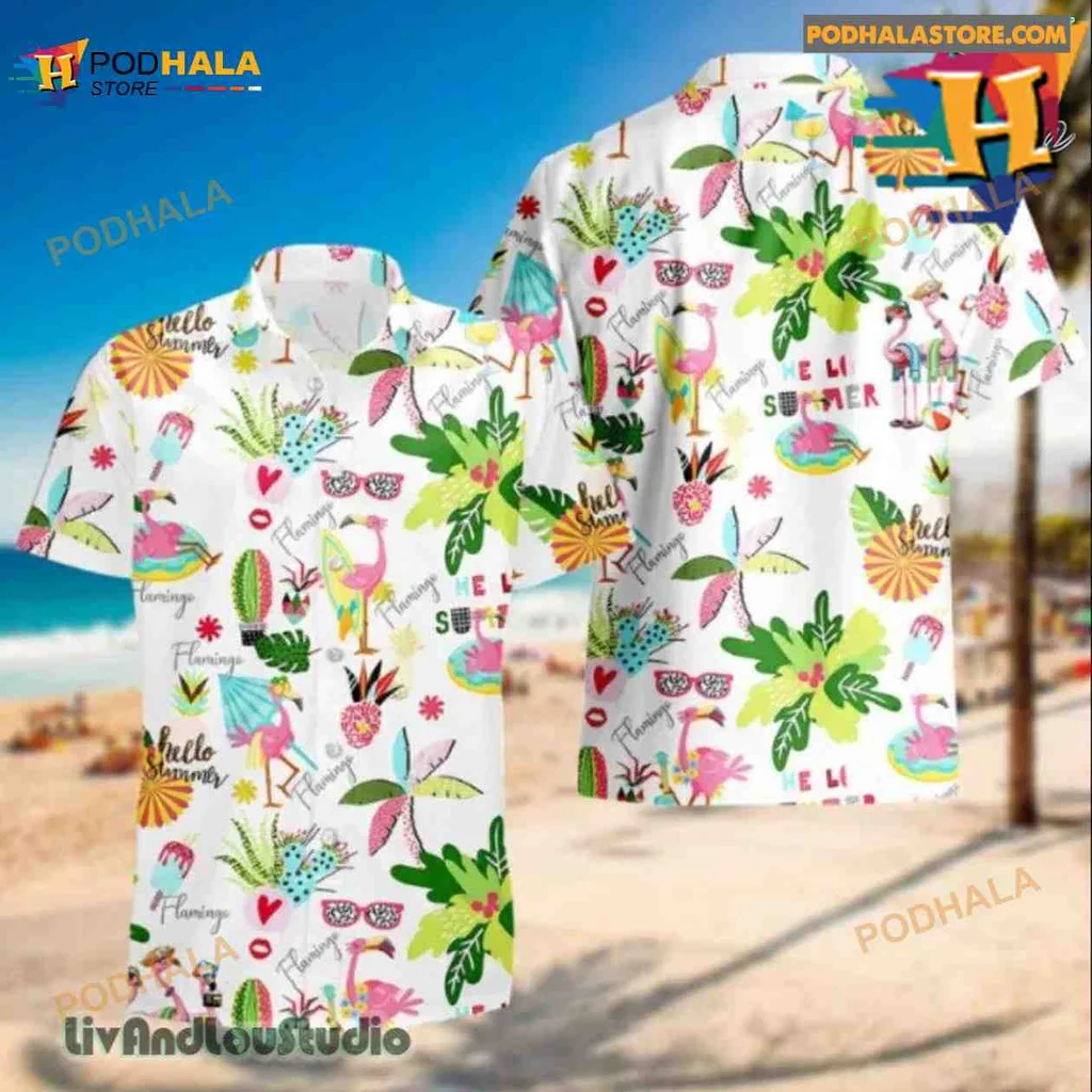 Pink Flamingo Tropical Hawaiian Shirt With Colorful Fruits And Leaves