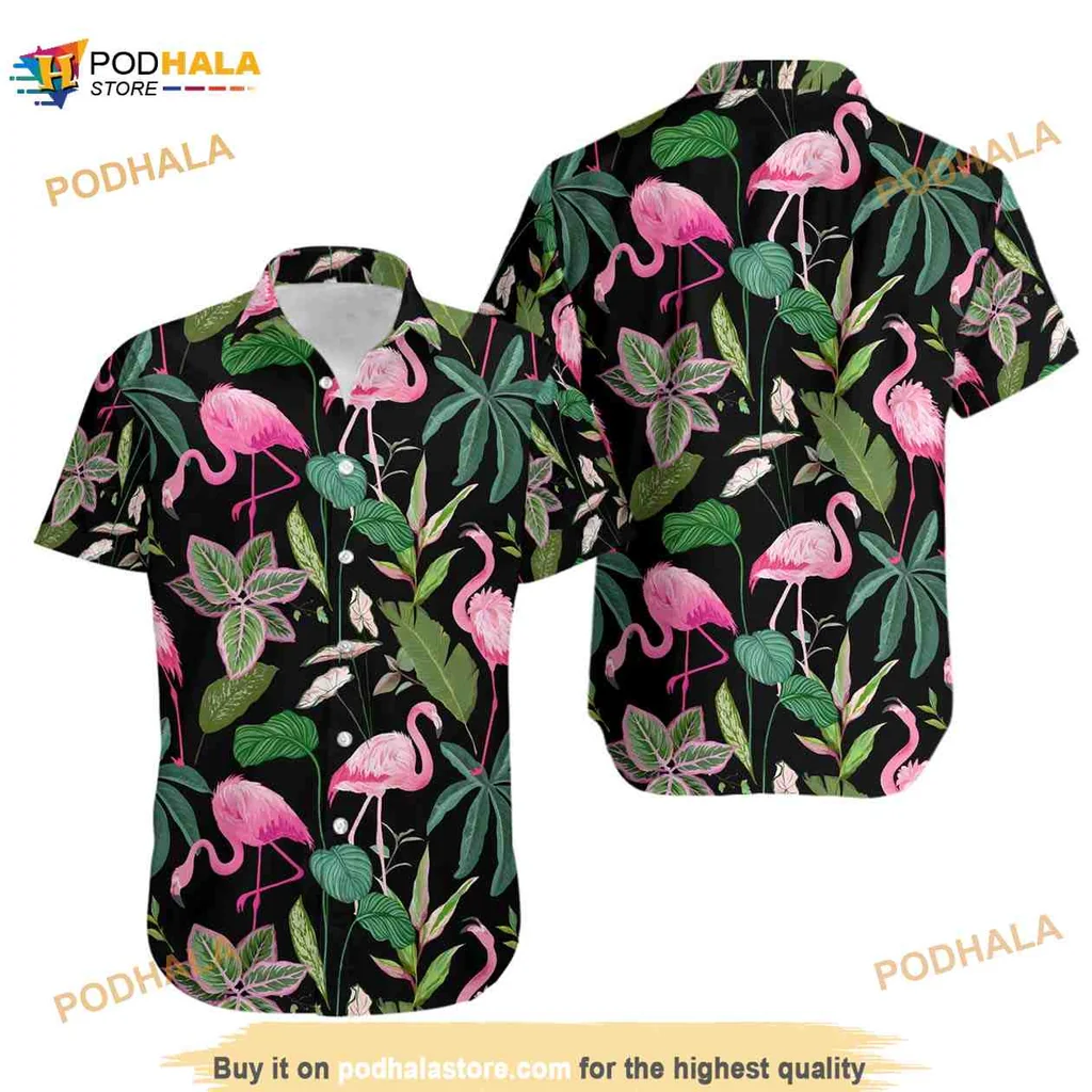Pink Flamingo Tropical Hawaiian Shirt With Lush Green Foliage
