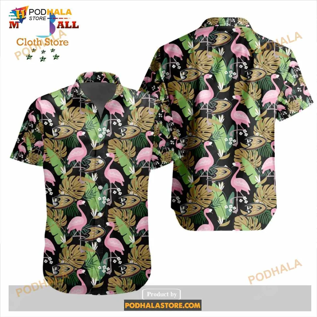 Pink Flamingo Tropical Aloha Shirt With Lush Green Leaves Pink Flamingo Tropical Aloha Shirt With Lush Green Leaves