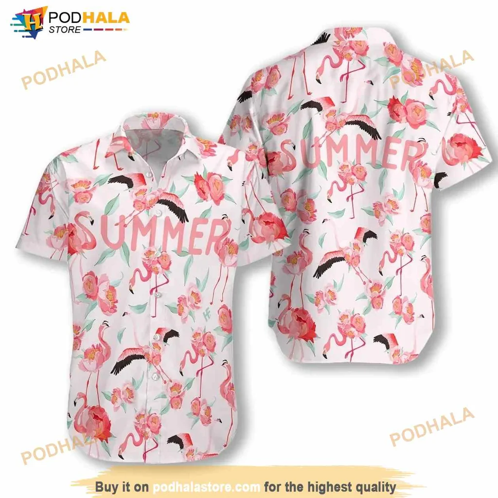 Pink Flamingo Tropical Hawaiian Shirt With Summer Floral Design
