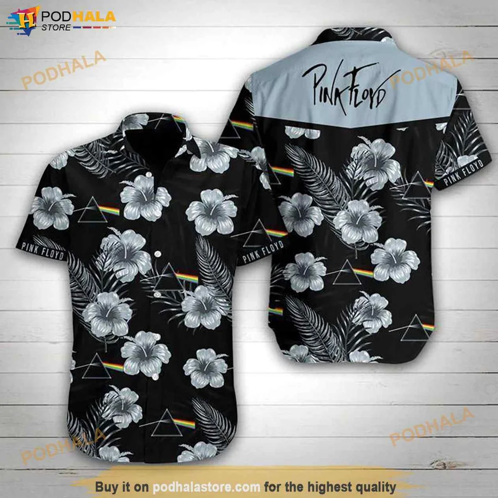 Pink Floyd Floral Aloha Shirt With Hibiscus And Geometric Design