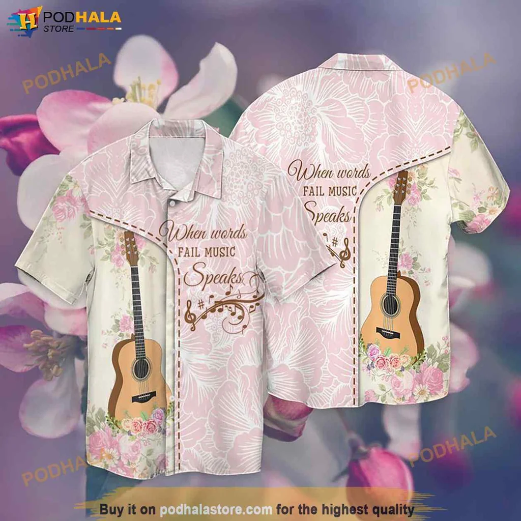 Pink Guitar Lover Hawaiian Shirt, When Words Fail Music Speaks Floral Design