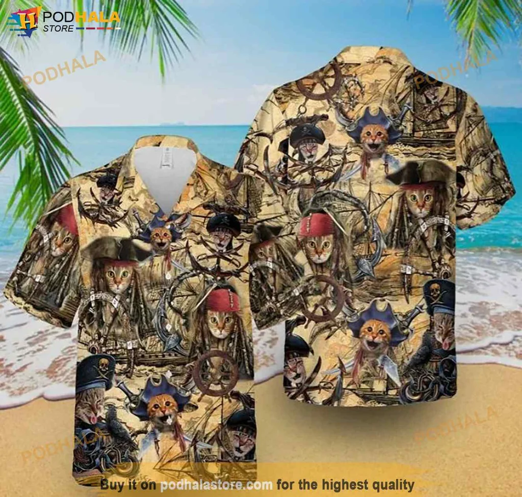 Pirate Cat Funny Hawaiian Shirt With Nautical Elements