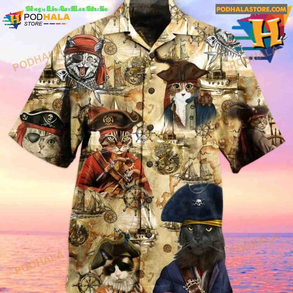 Pirate Cat Hawaiian Shirt With Whimsical Pirate Design