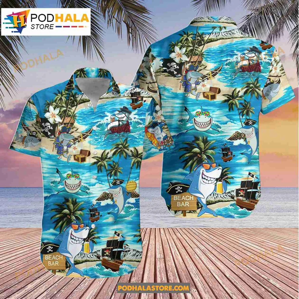 Pirate Shark Hawaiian Shirt, Fun Cartoon Design With Tropical Elements