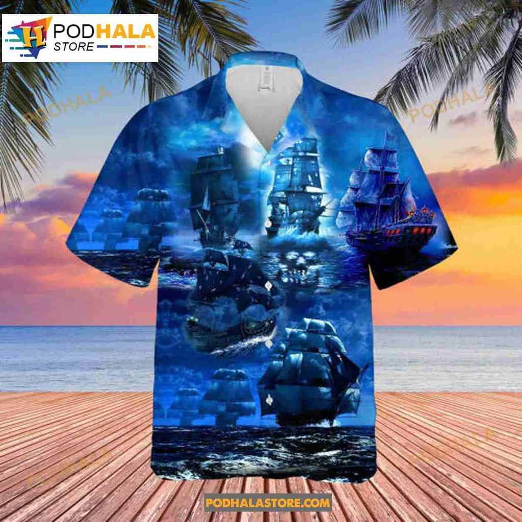 Pirate Ship Moonlight Hawaiian Shirt With Vibrant Nautical Design