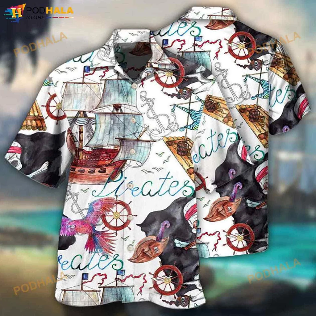 Pirate Ship Nautical Hawaiian Shirt With Colorful Parrot And Anchor Design