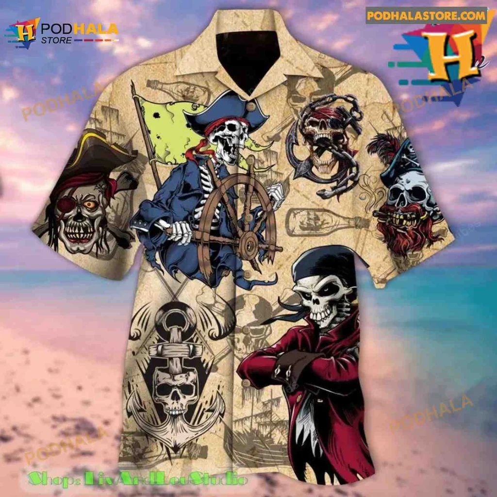 Pirate Skull Hawaiian Shirt With Nautical Motifs And Bold Colors