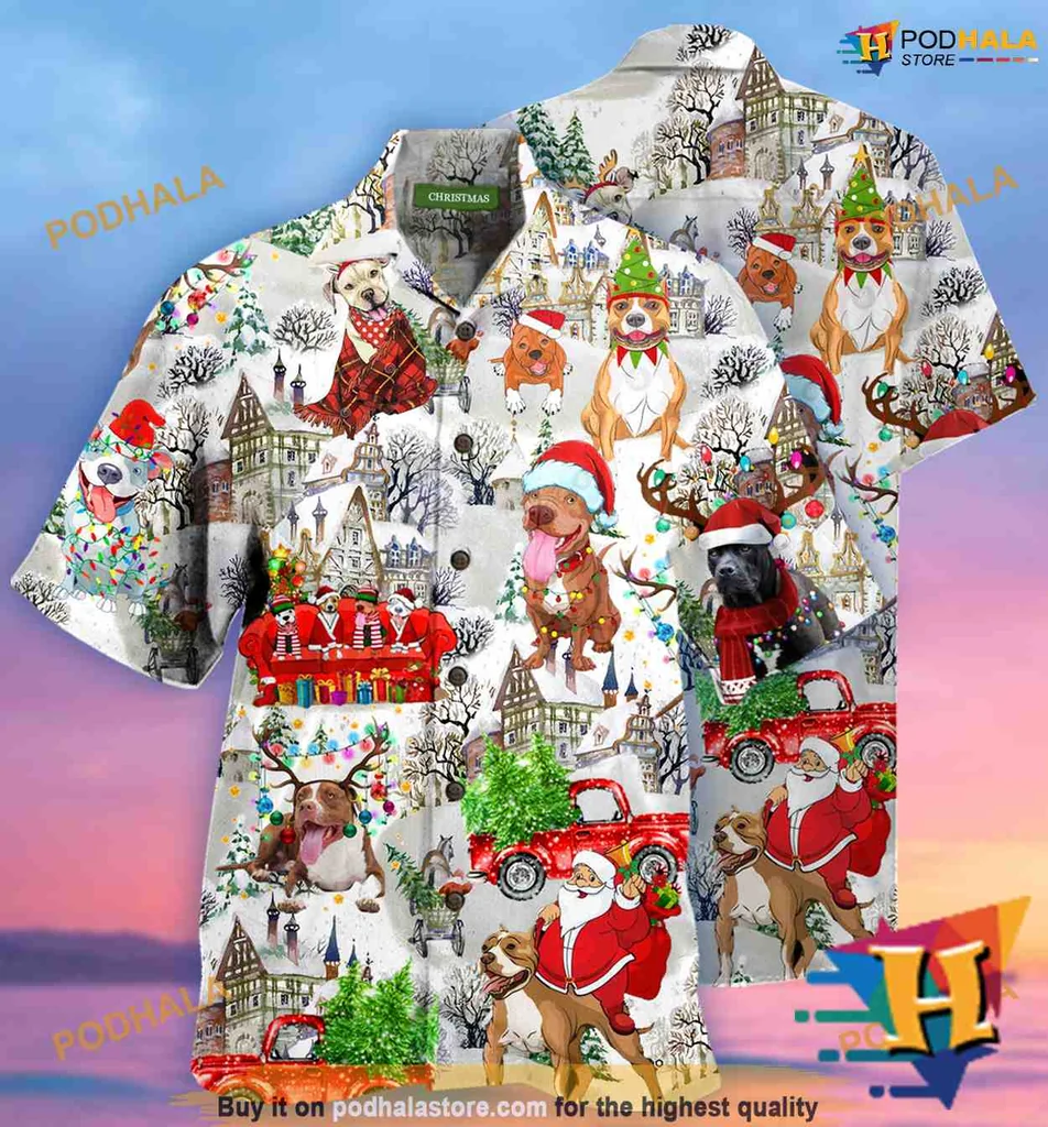 Pit Bulls Christmas Aloha Shirt With Santa Hats And Festive Elements