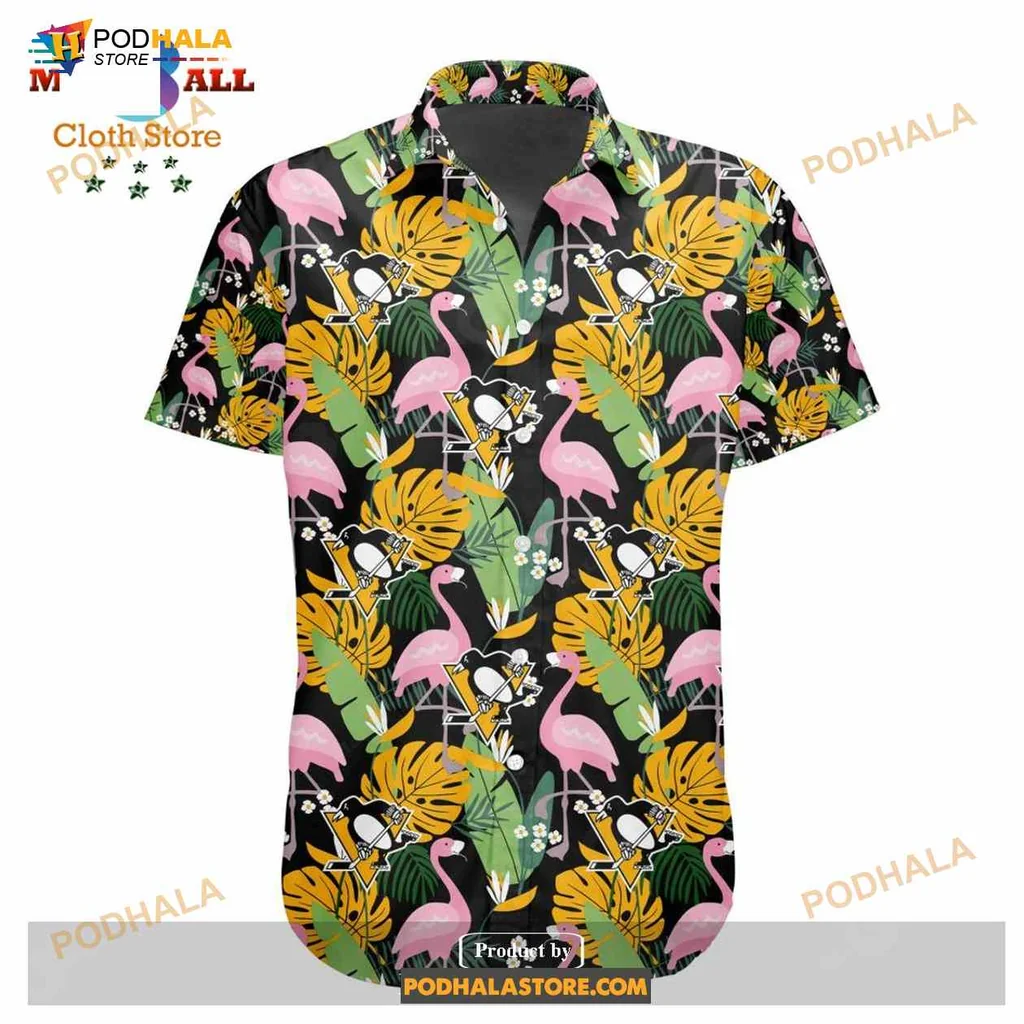 Pittsburgh Penguins Flamingo Hawaiian Shirt With Tropical Foliage Design
