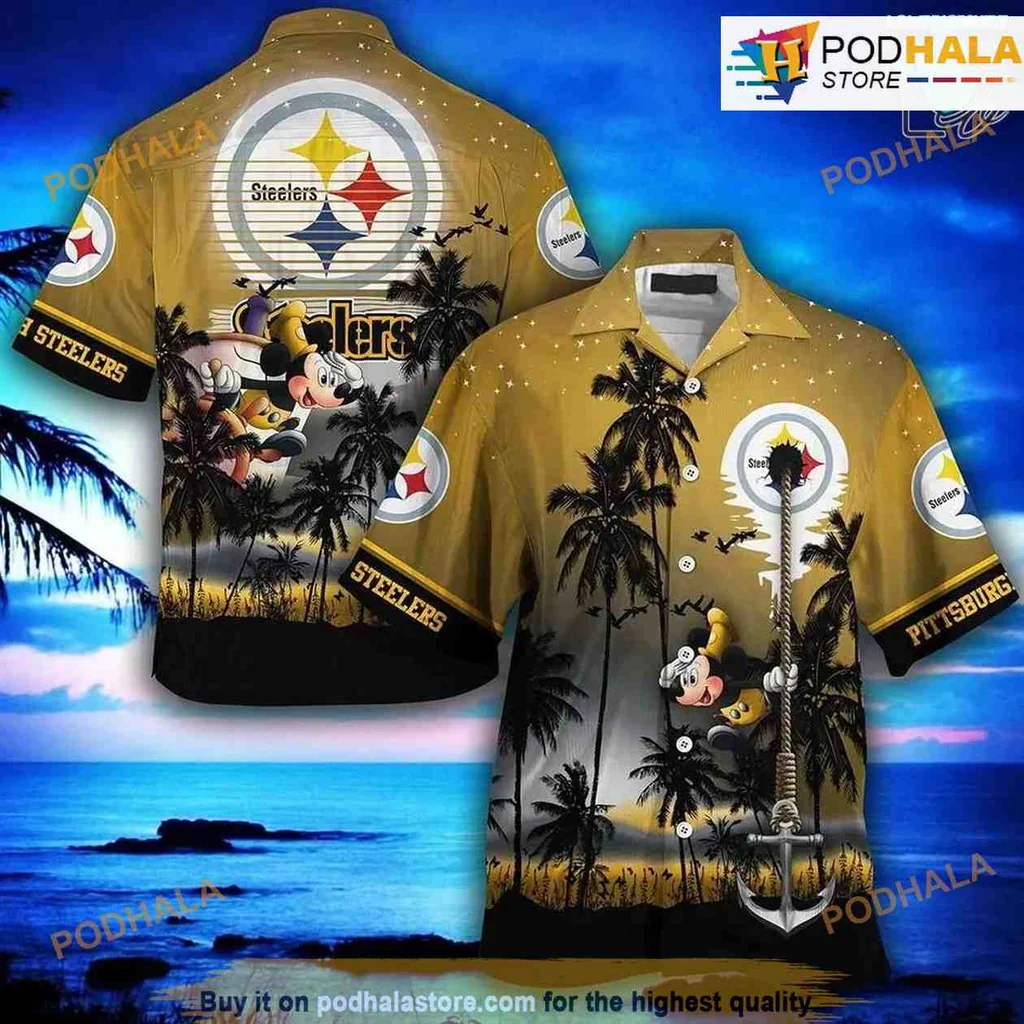 Pittsburgh Steelers Hawaiian Shirt Featuring Tropical Design And Mickey Mouse