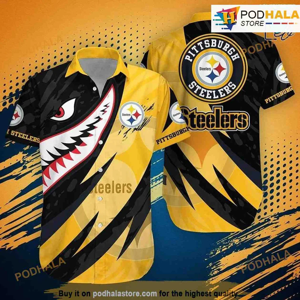Pittsburgh Steelers Shark Hawaiian Shirt, Bold Black And Gold Design For Fans