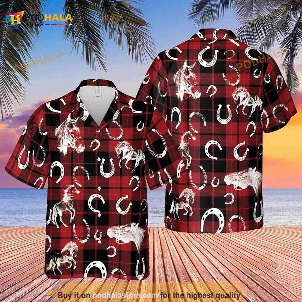 Plaid Pattern Horse Lovers Hawaiian Shirt With Realistic Horse Design