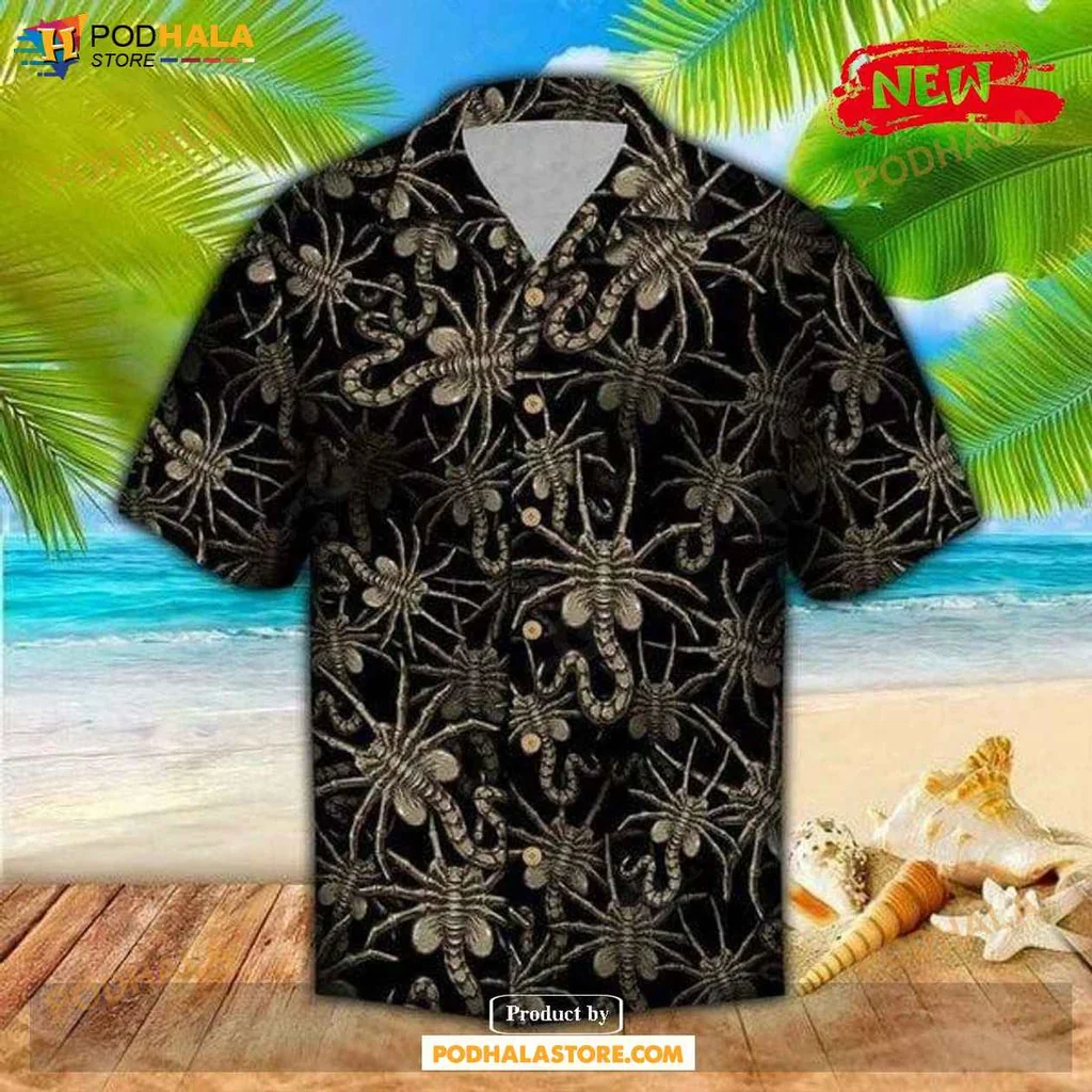 Playful Alien Face Hugger Aloha Shirt, Tropical Design For Summer Casual Wear