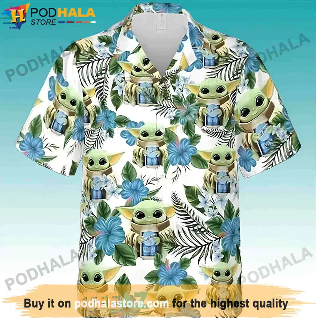 Playful Alien Lover Hawaiian Shirt, Baby Yoda Blue Moon Beer Design For Fans