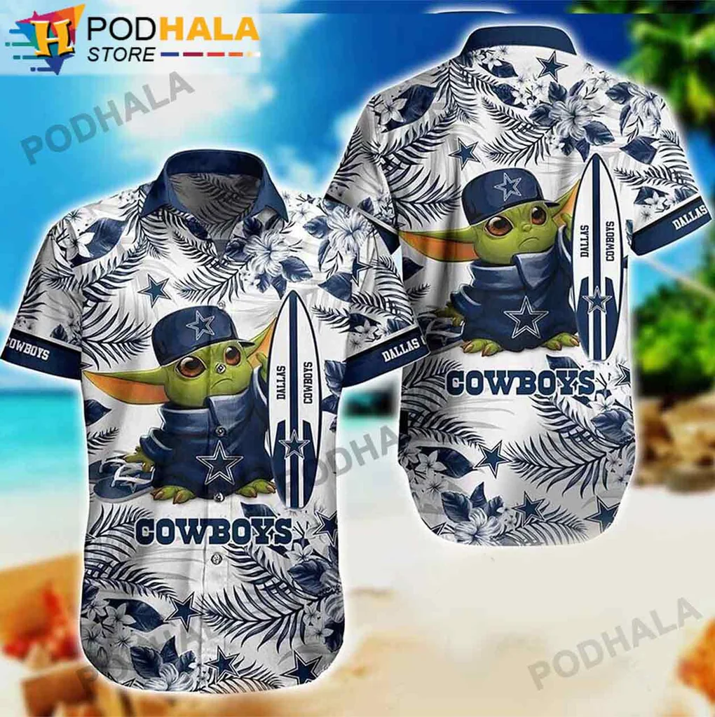 Playful Baby Yoda Cowboys Aloha Shirt, Nfl Dallas Cowboys Surfboard Design