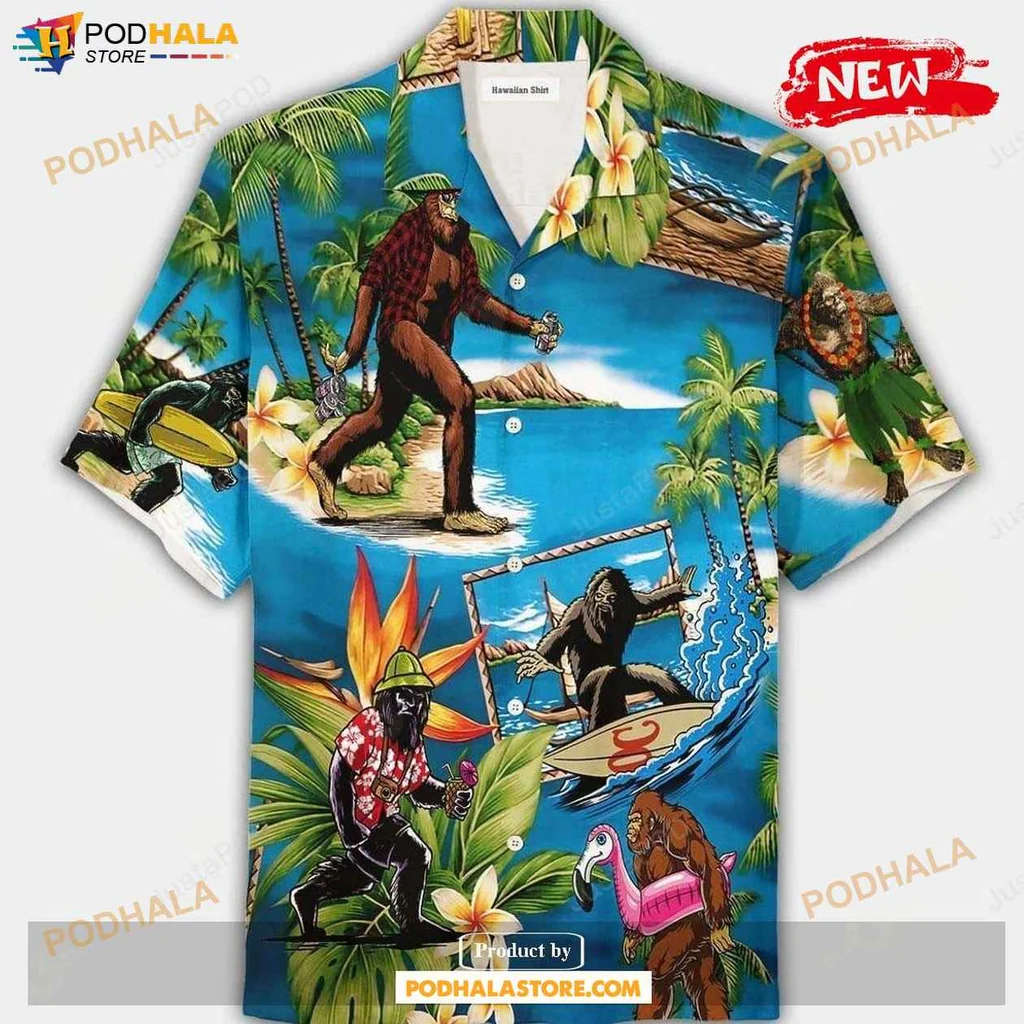 Playful Bigfoot Aloha Shirt, Fun Summer Vacation Tropical Design With Palm Trees