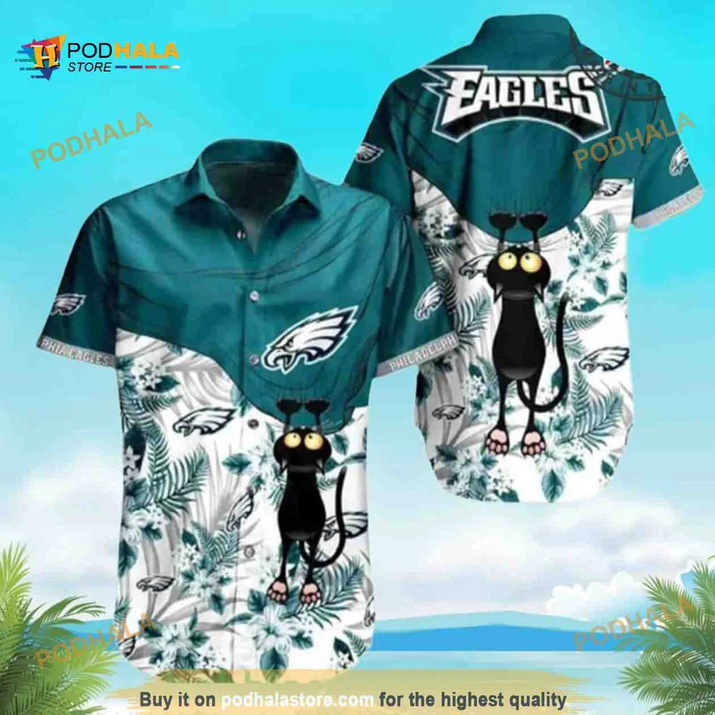 Playful Black Cat Philadelphia Eagles Hawaiian Shirt With Tropical Design
