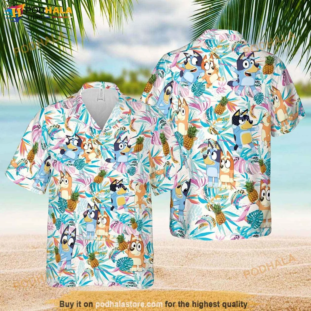 Playful Bluey Character Hawaiian Shirt, Vibrant Bluey And Bingo Design For Kids