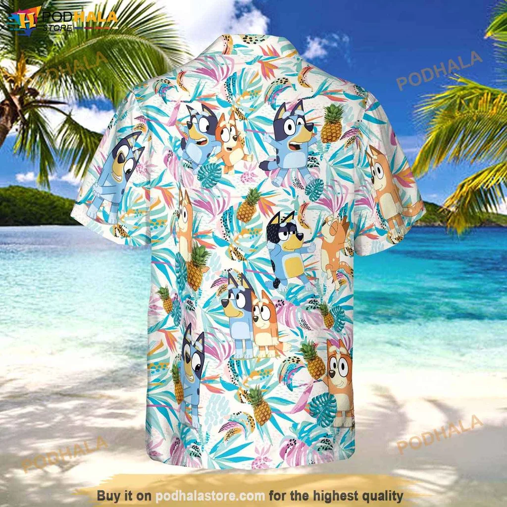 Playful Bluey Character Tropical Shirt, Vibrant Bluey And Bingo Design For Kids Playful Bluey Character Tropical Shirt, Vibrant Bluey And Bingo Design For Kids