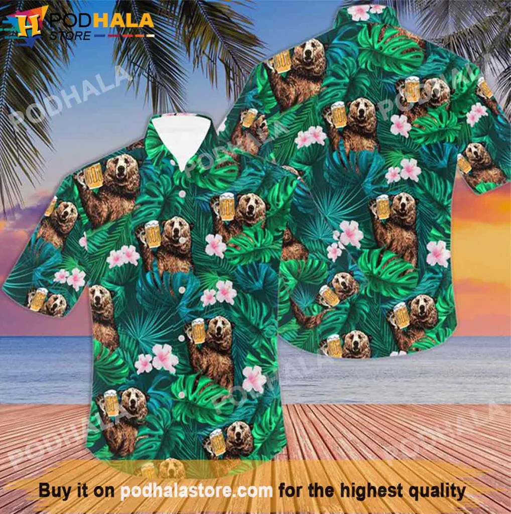 Playful Brown Bear Hawaiian Shirt, Vibrant Tropical Foliage And Hibiscus Design