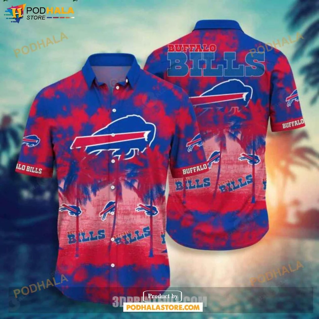 Playful Buffalo Bills Hawaiian Shirt With Tropical Palm Tree Design, Vibrant Colors