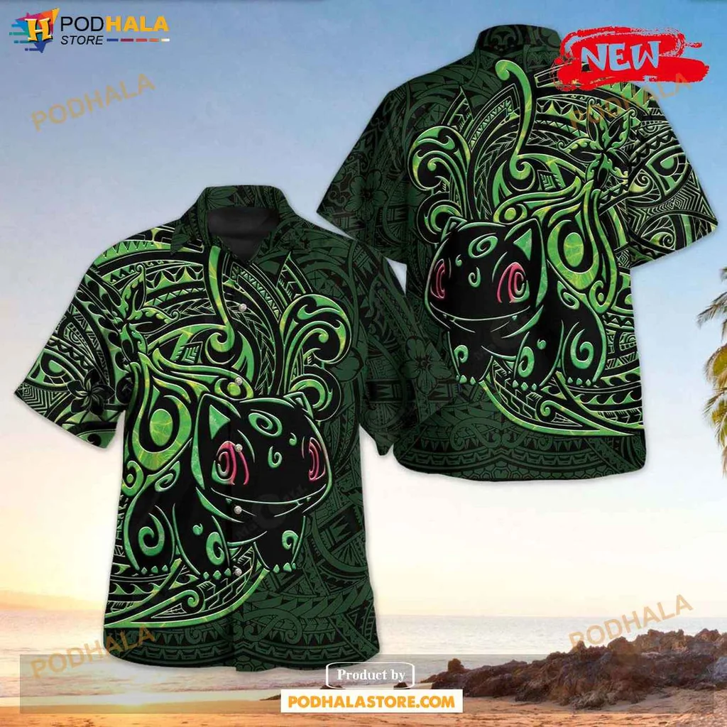 Playful Bulbasaur Aloha Shirt, Tropical Polynesian Design For Beach Outings