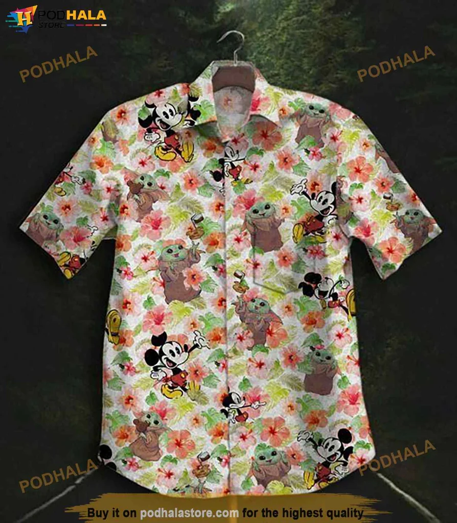 Playful Cartoon Character Hawaiian Shirt With Mickey Mouse And Baby Yoda Design, Vibrant Tropical Print