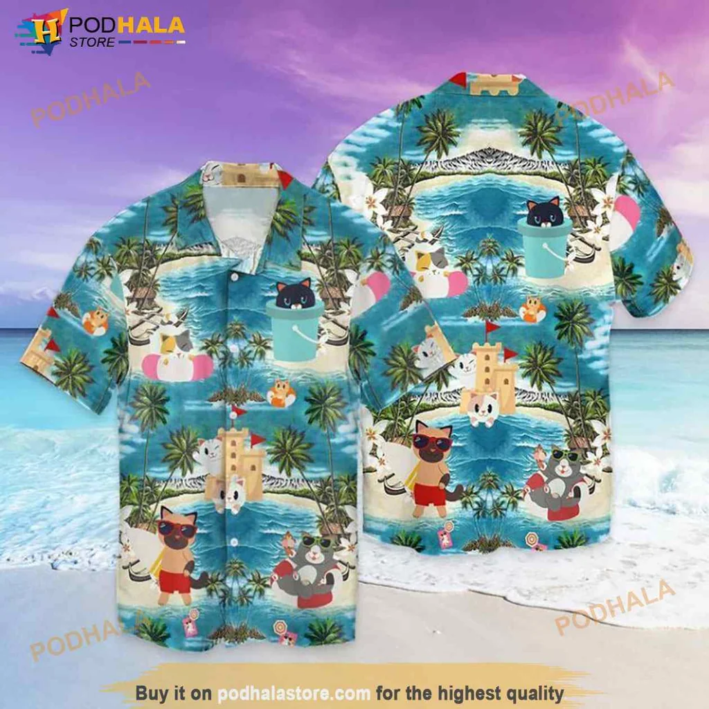 Playful Cat Beach Hawaiian Shirt Featuring Cartoon Cats And Tropical Vibes