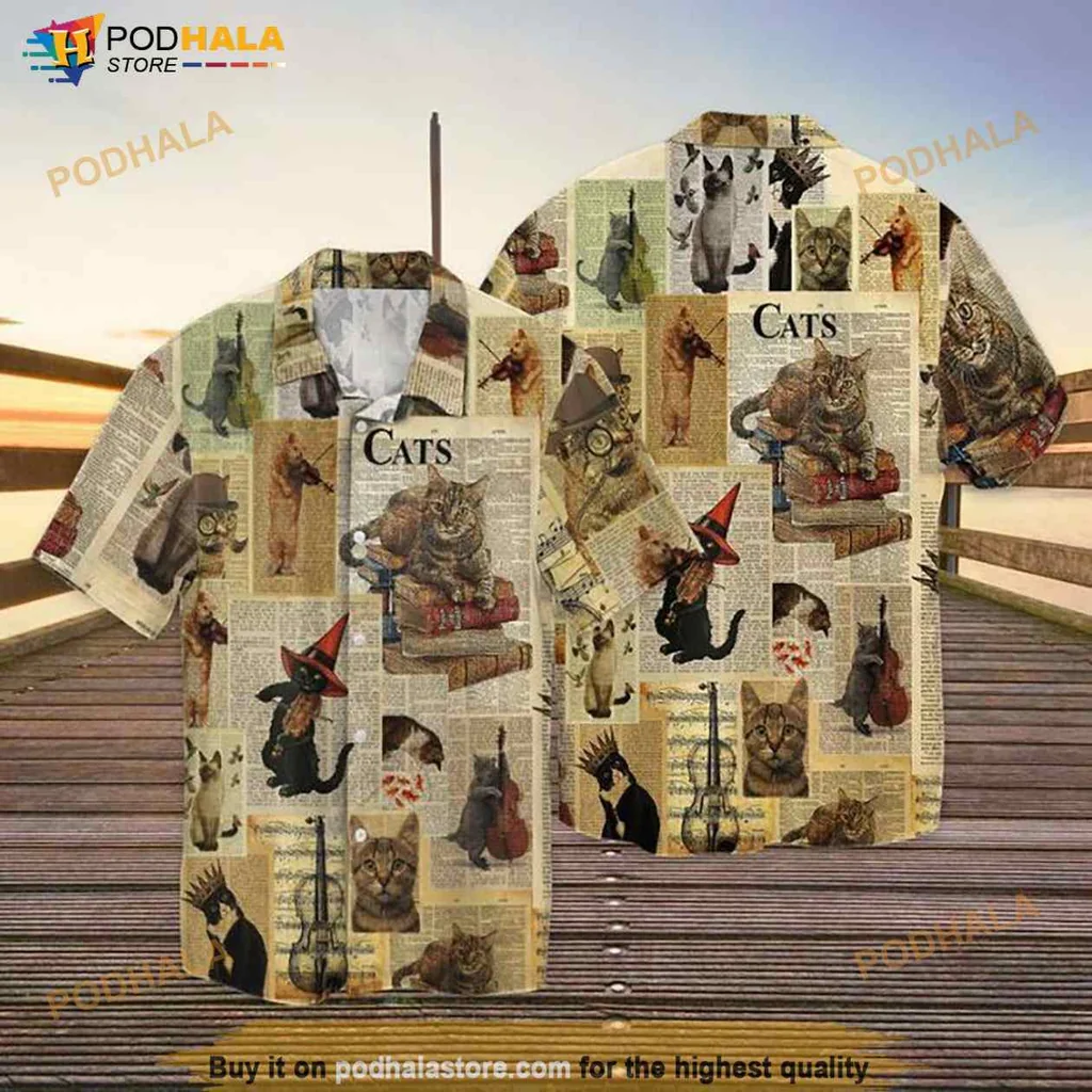 Playful Cat Hawaiian Shirt With Whimsical Accessories And Vintage Collage Design