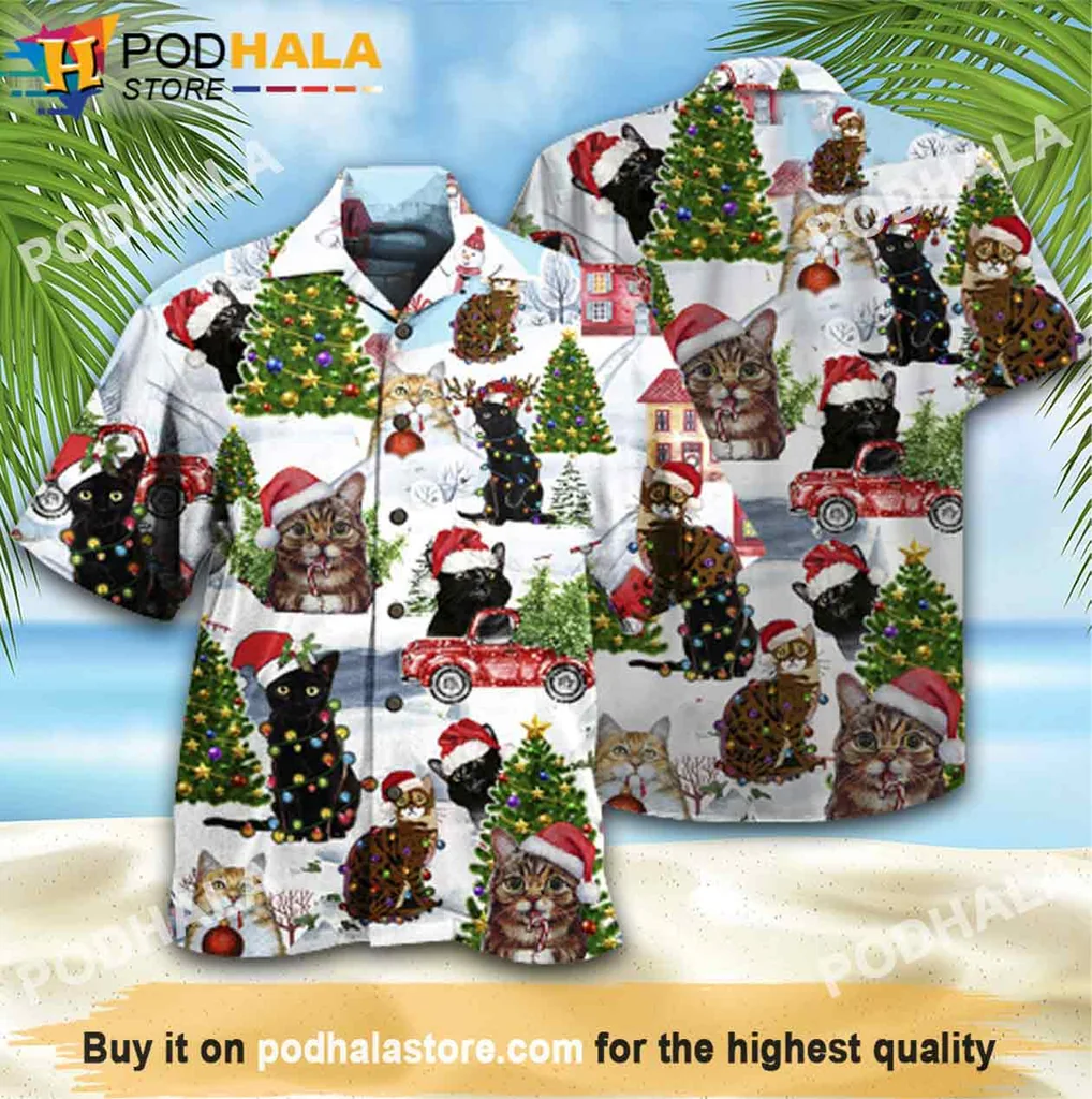 Playful Cat Lover Hawaiian Shirt, Christmas Red Truck And Santa Cats Design