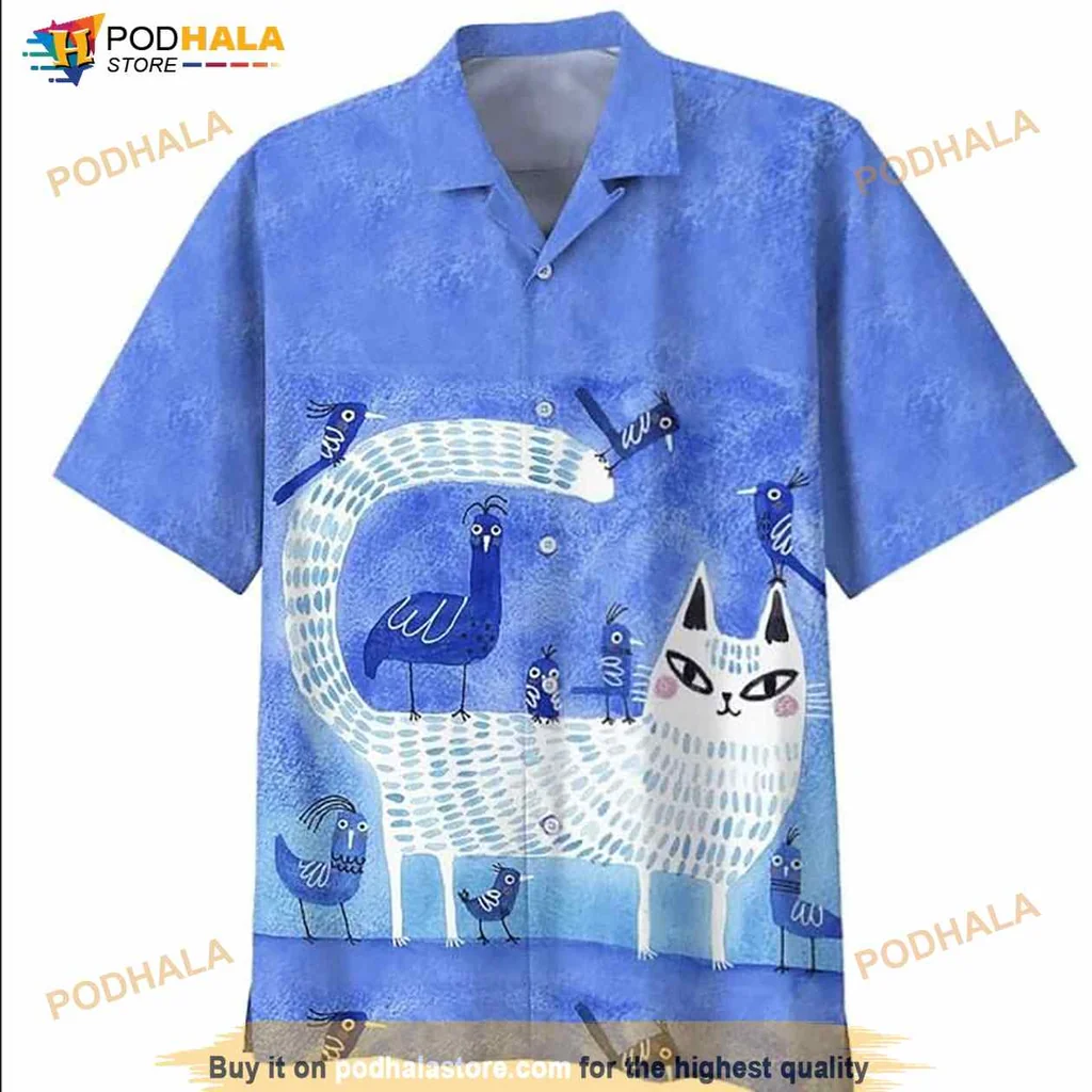 Playful Cat Lover Hawaiian Shirt With Whimsical Cat And Blue Birds