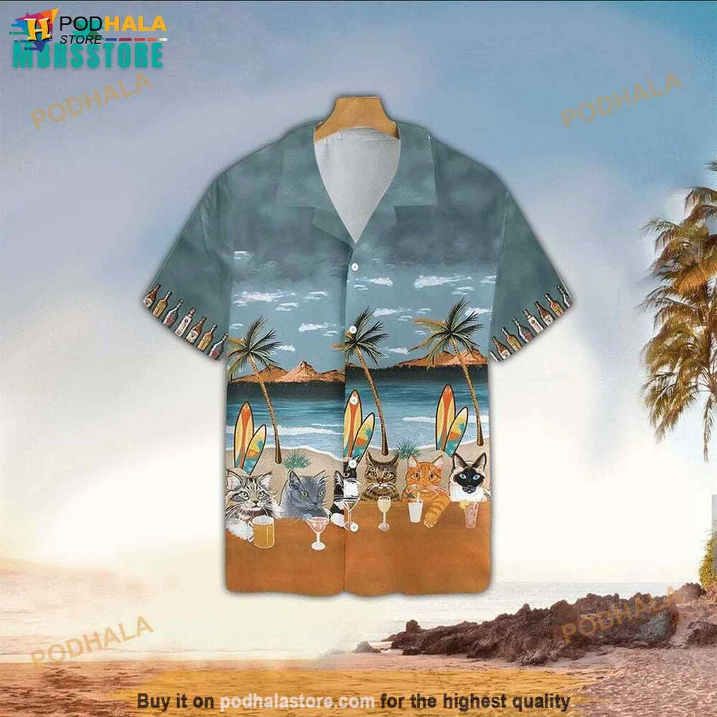 Playful Cat Lovers Hawaiian Shirt With Beach Scene, Palm Trees, And Tropical Drinks