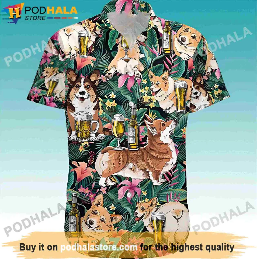 Playful Corgi Lover Hawaiian Shirt, Vibrant Design For Beer Enthusiasts