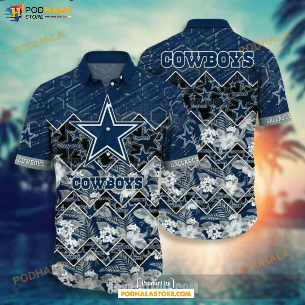 Playful Cowboys Hawaiian Shirt With Blue Star And Tropical Floral Design